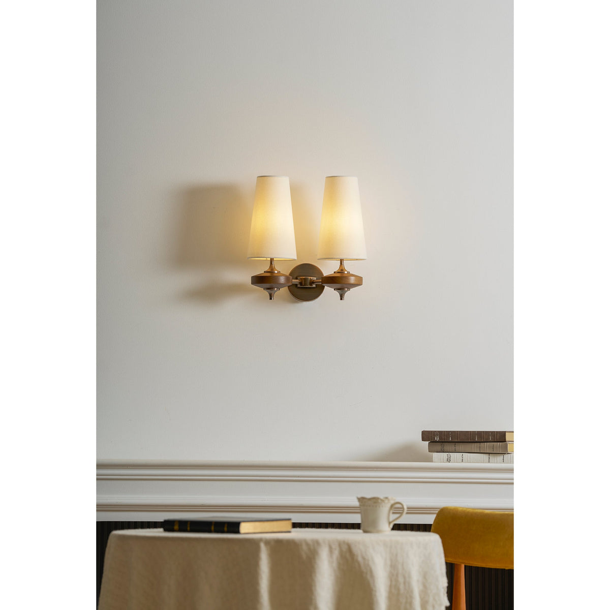 Walnut Wall Sconce with Antique Brass Hardware | Fabric Shade for Warm Ambient Light