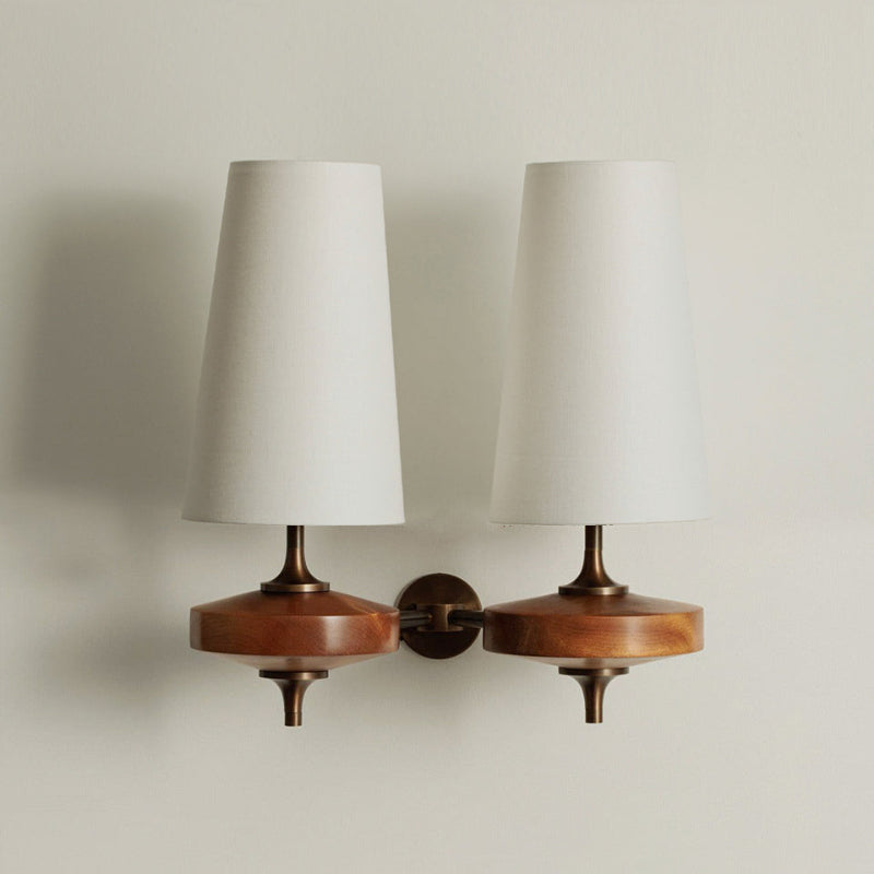 Walnut Wall Sconce with Antique Brass Hardware | Fabric Shade for Warm Ambient Light