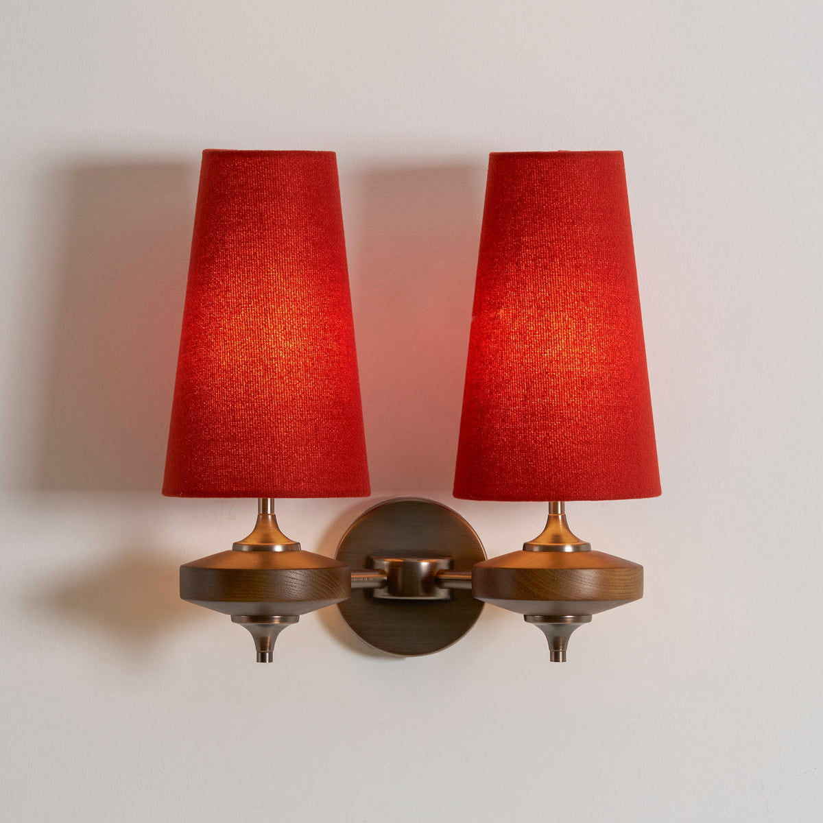 Walnut Wall Sconce with Antique Brass Hardware | Fabric Shade for Warm Ambient Light