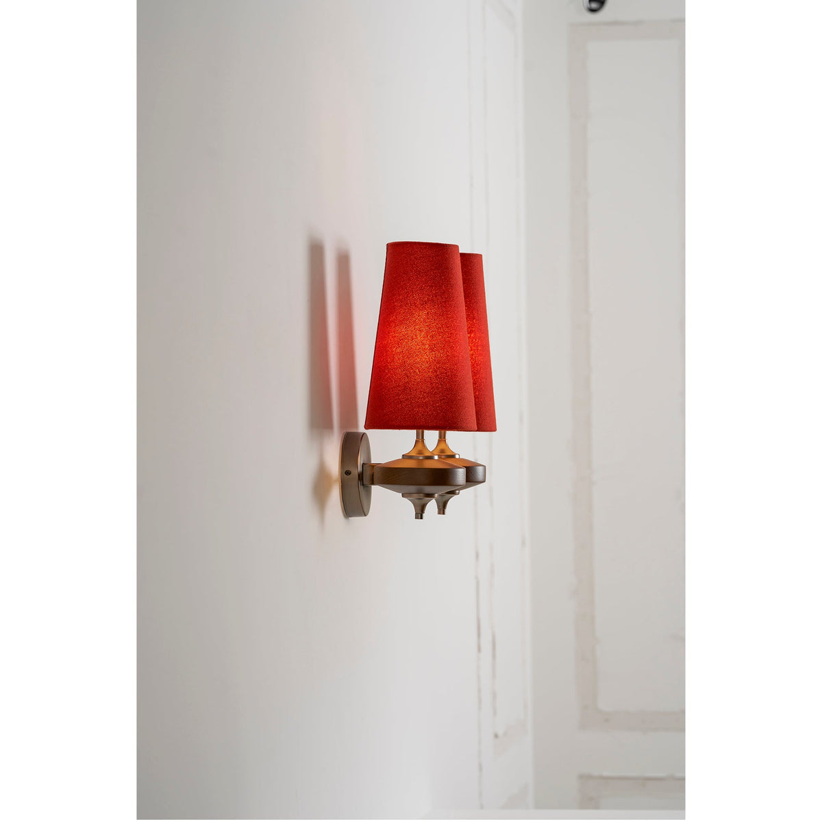 Walnut Wall Sconce with Antique Brass Hardware | Fabric Shade for Warm Ambient Light
