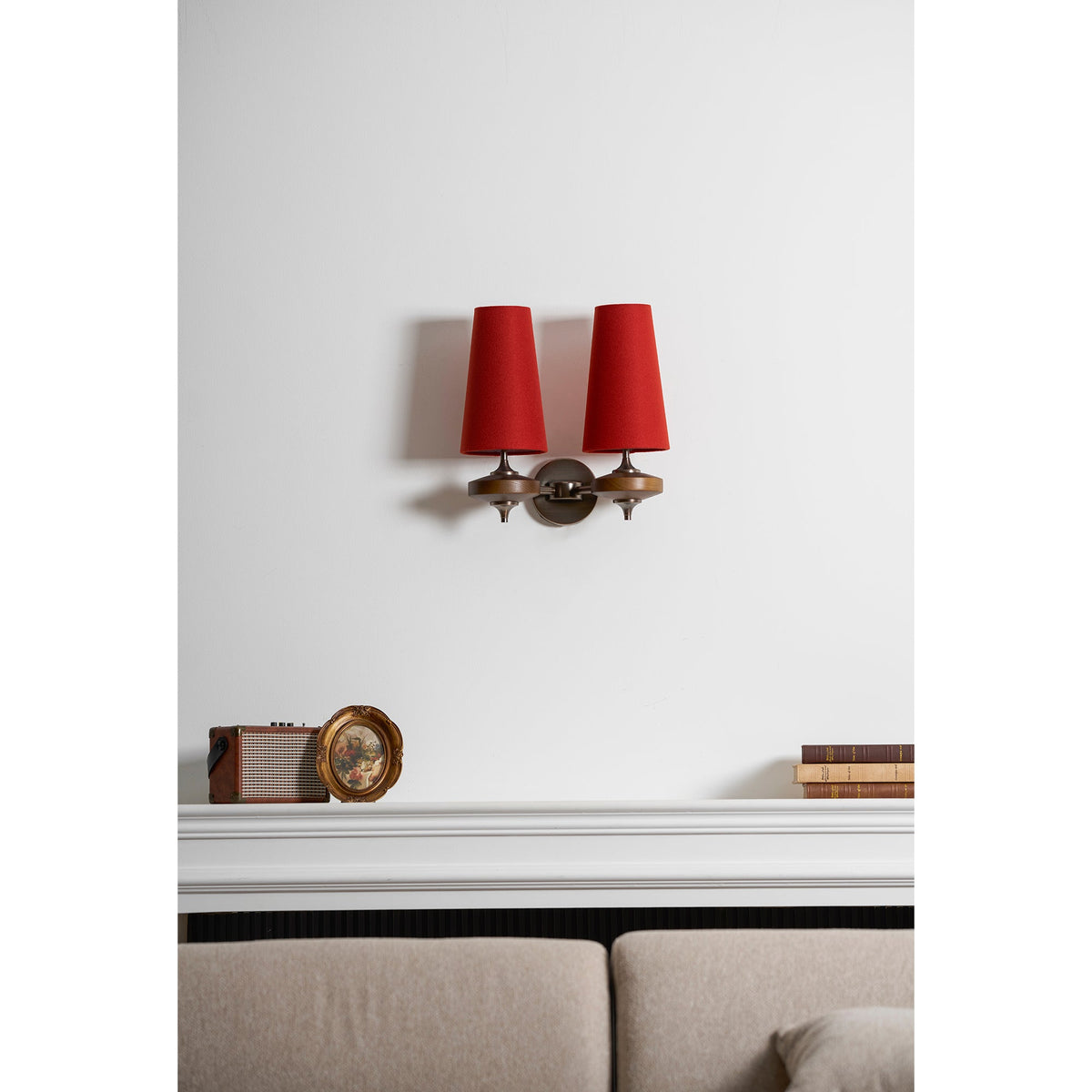 Walnut Wall Sconce with Antique Brass Hardware | Fabric Shade for Warm Ambient Light
