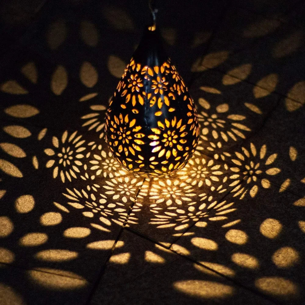 Dewglow | Solar Garden Lantern with Floral Cutout Design | Rustproof Steel Hanging Light
