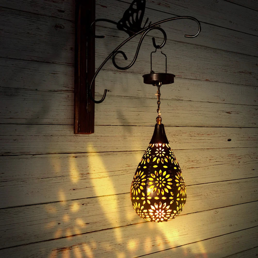 Dewglow | Solar Garden Lantern with Floral Cutout Design | Rustproof Steel Hanging Light