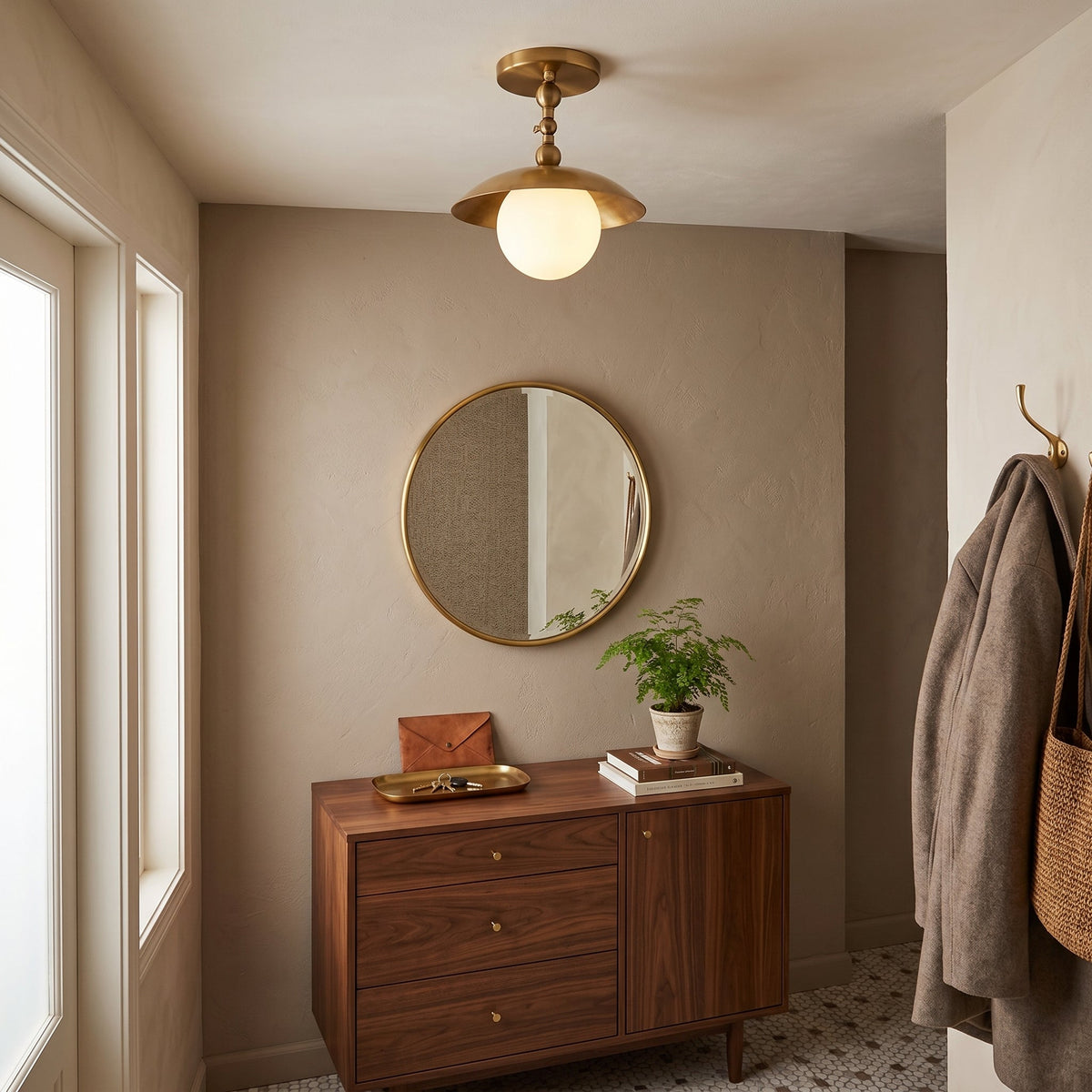 Brass Dome Semi-Flush Ceiling Lamp with Alabaster Shade | Mid-Century Light