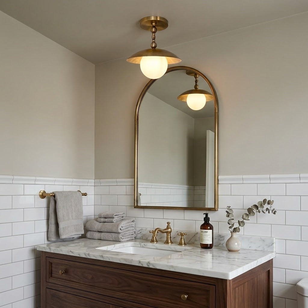 Brass Dome Semi-Flush Ceiling Lamp with Alabaster Shade | Mid-Century Light