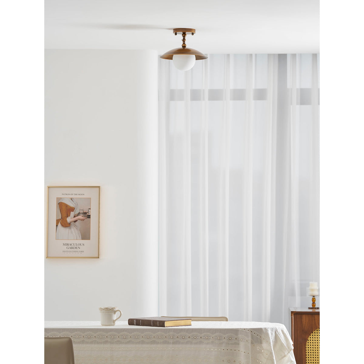 Brass Dome Semi-Flush Ceiling Lamp with Alabaster Shade | Mid-Century Light
