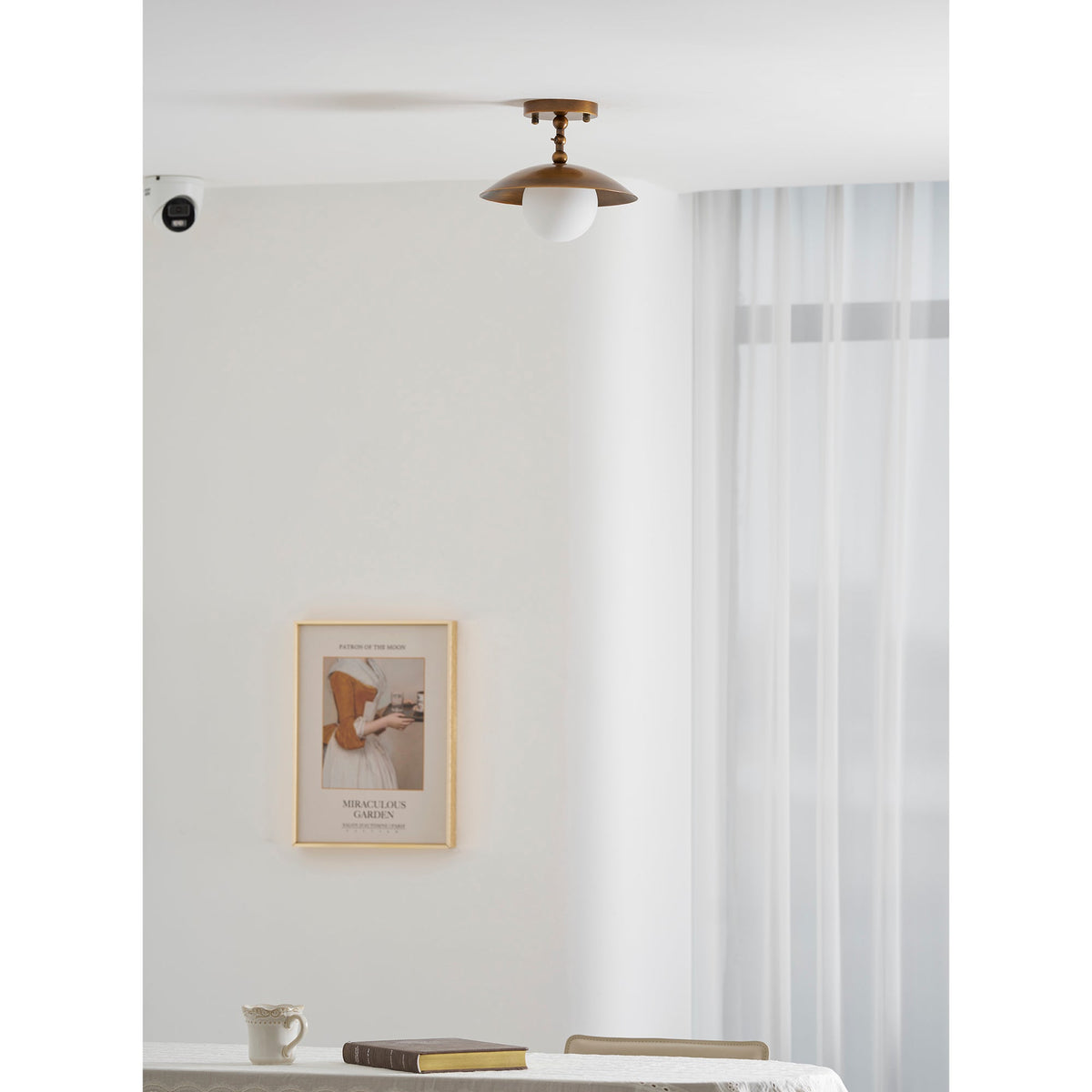 Brass Dome Semi-Flush Ceiling Lamp with Alabaster Shade | Mid-Century Light