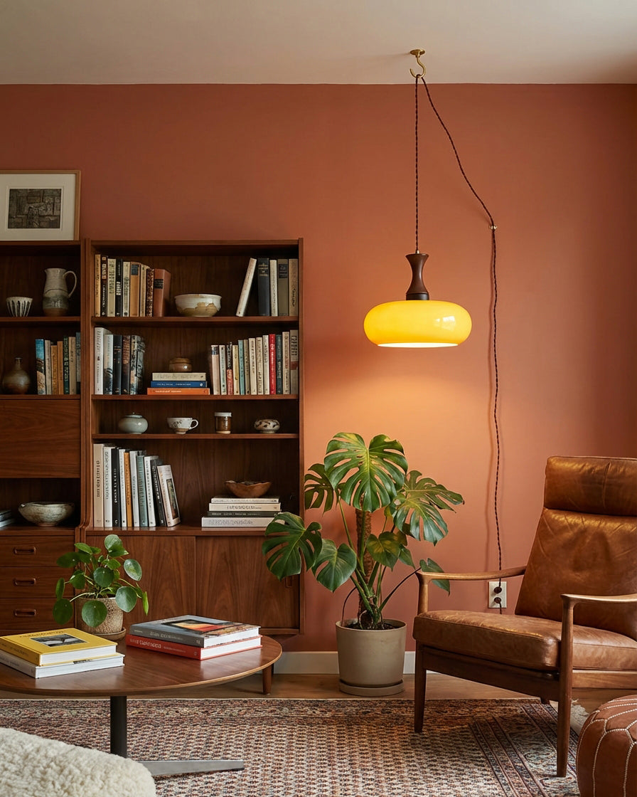 Plug-In Glass Pendant Light with No Hardwiring | Antique Brown Shade for Any Room