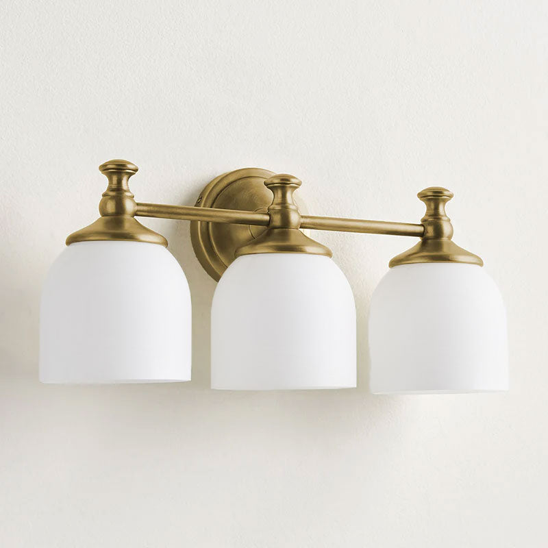 Vanity Glow Series | Brass Short Arm Wall Sconce with Milk Glass Dome for Bathroom