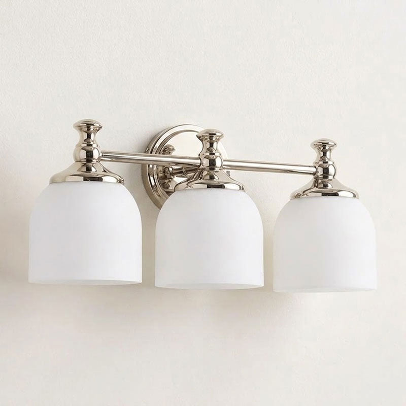 Vanity Glow Series | Brass Short Arm Wall Sconce with Milk Glass Dome for Bathroom