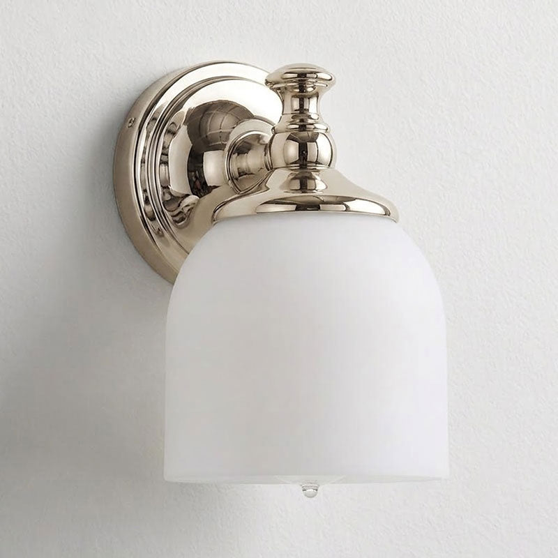 Vanity Glow Series | Brass Short Arm Wall Sconce with Milk Glass Dome for Bathroom