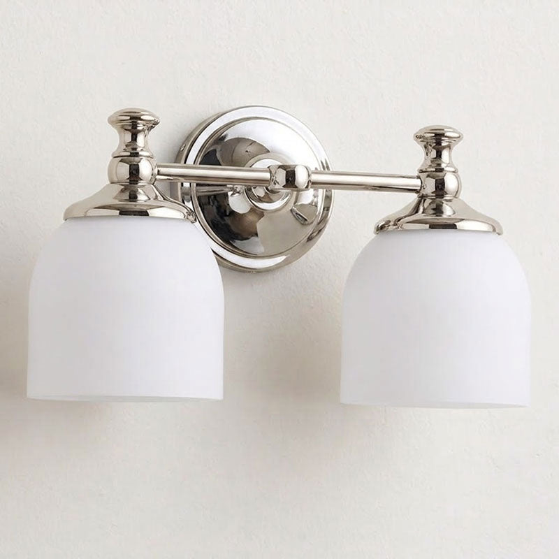 Vanity Glow Series | Brass Short Arm Wall Sconce with Milk Glass Dome for Bathroom