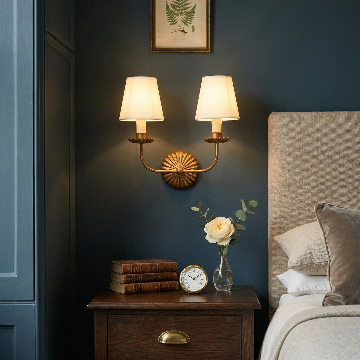 Gold Leaf Double Wall Sconce with Fabric Shades | Candle-Style Light for Hallways