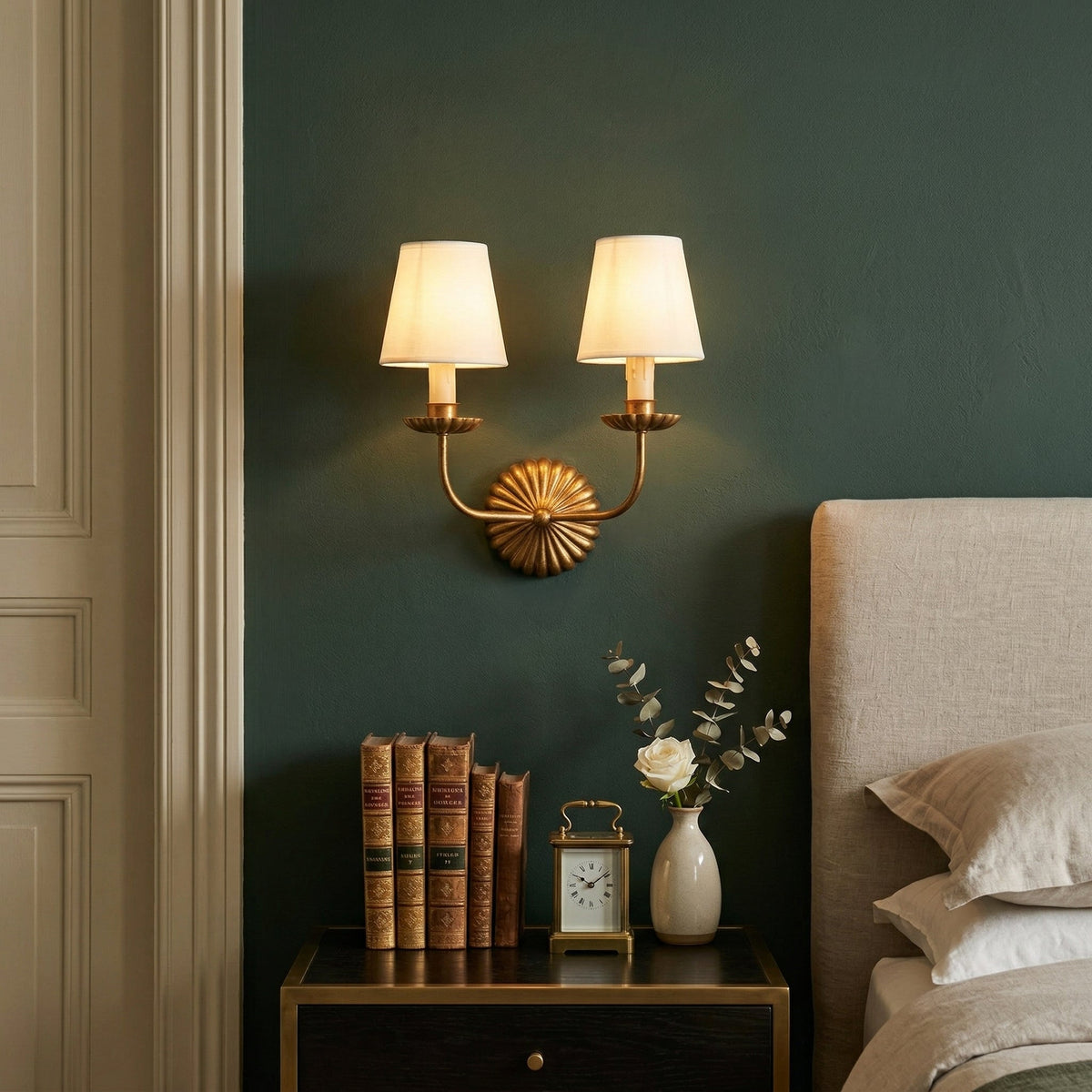 Gold Leaf Double Wall Sconce with Fabric Shades | Candle-Style Light for Hallways