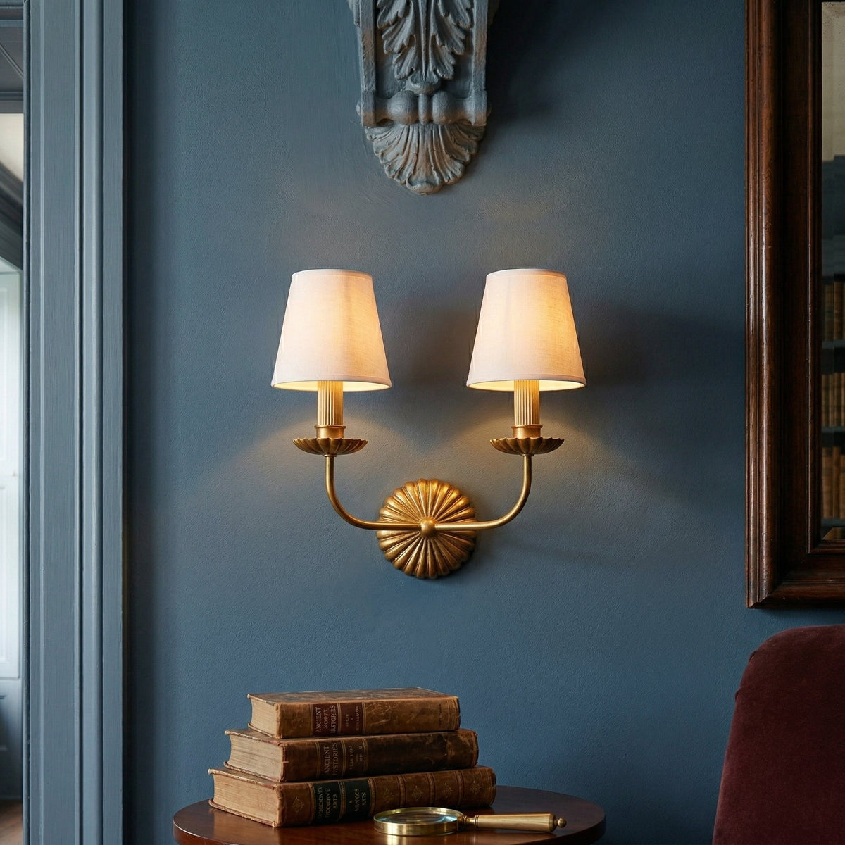 Gold Leaf Double Wall Sconce with Fabric Shades | Candle-Style Light for Hallways