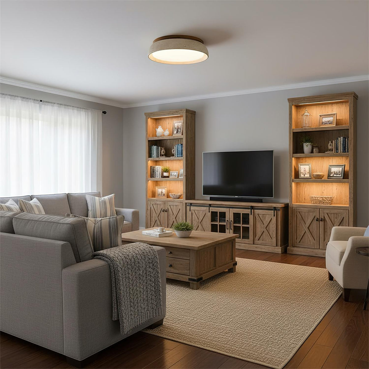 Natural Travertine Stone Ceiling Light with Warm Diffused Glow | Flush Mount