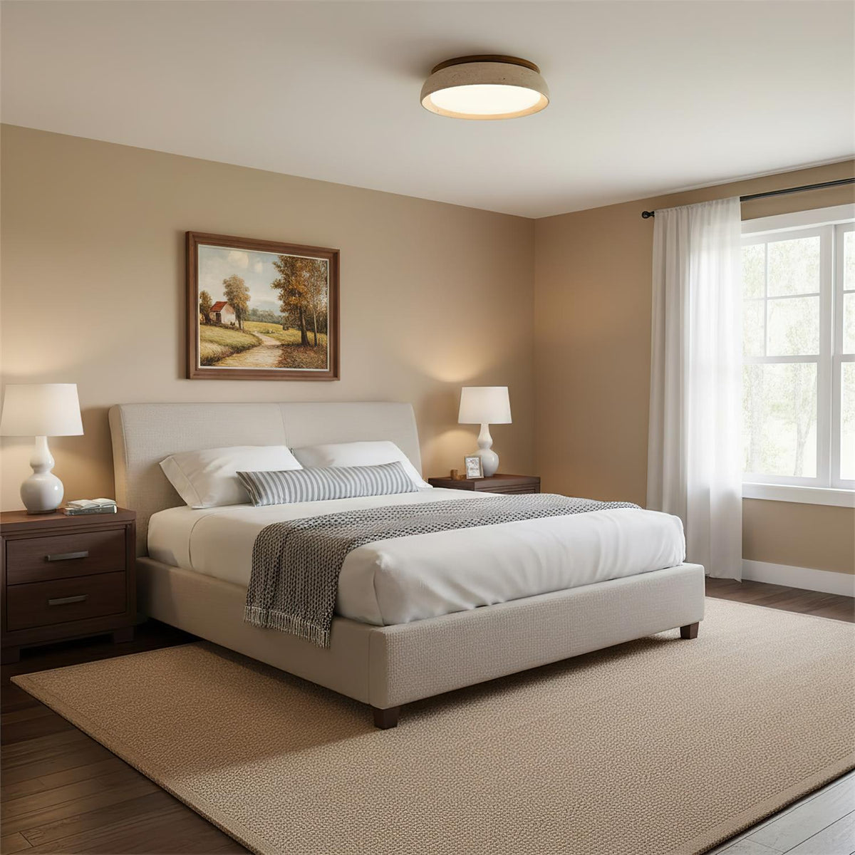 Natural Travertine Stone Ceiling Light with Warm Diffused Glow | Flush Mount