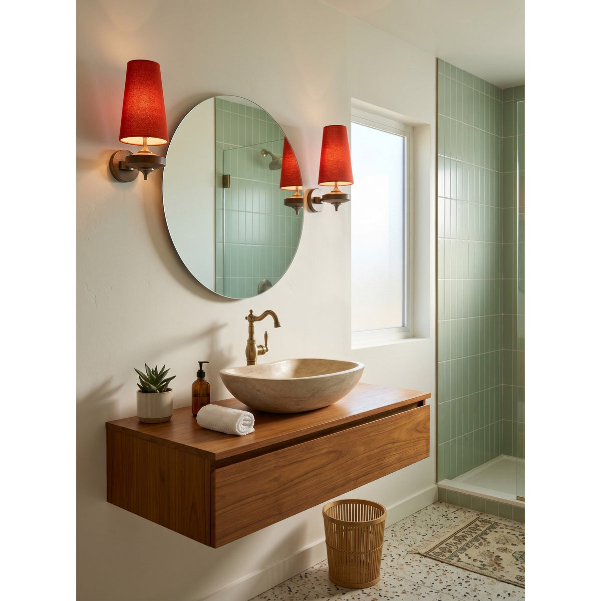 Walnut Wall Sconce with Antique Brass Hardware | Fabric Shade for Warm Ambient Light