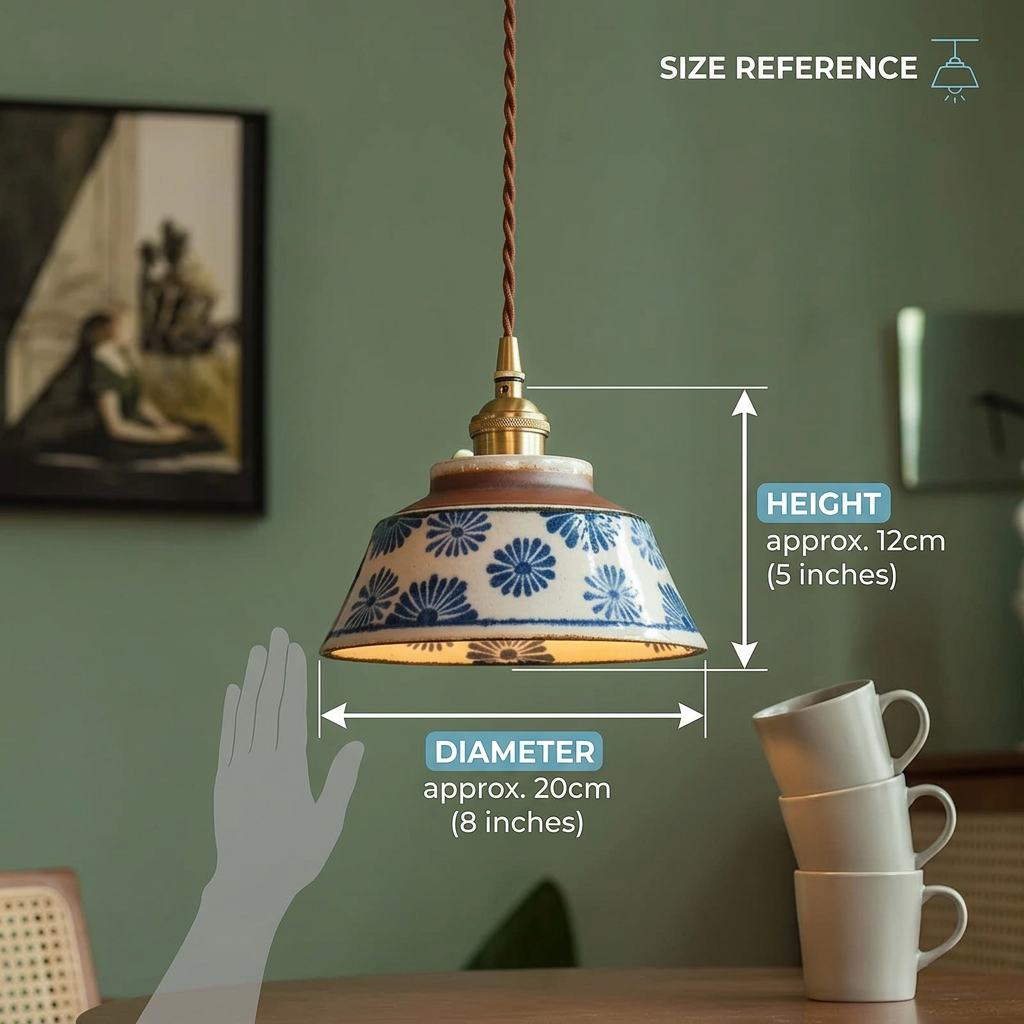 Hand-Painted Ceramic Pendant Light with Copper Fixture | Floral Kitchen Light