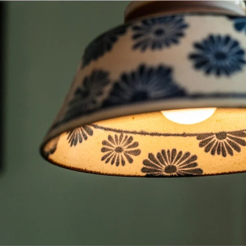 Hand-Painted Ceramic Pendant Light with Copper Fixture | Floral Kitchen Light
