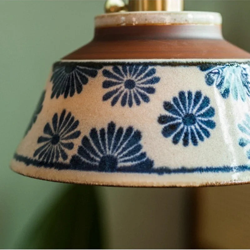 Hand-Painted Ceramic Pendant Light with Copper Fixture | Floral Kitchen Light