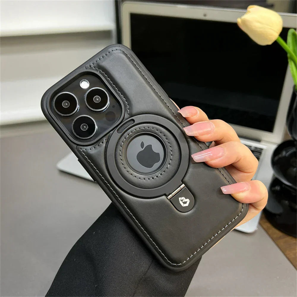 MagSafe Leather Phone Case with Ring Stand Shockproof Protective Cover