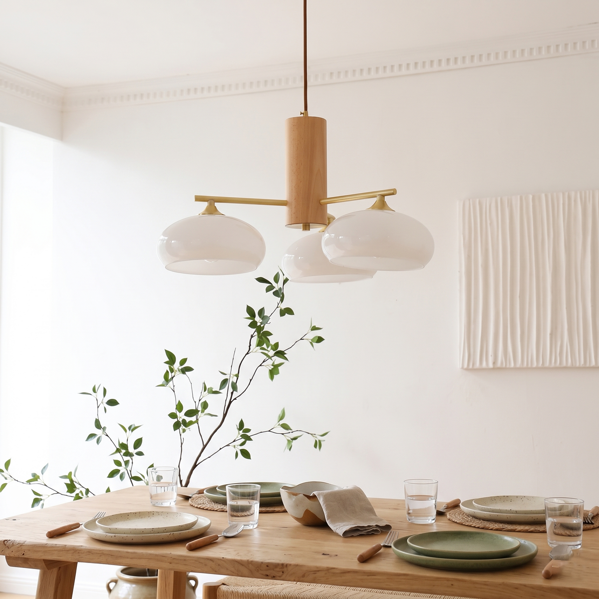 Elliptical Glass Globe Chandelier with Brass Arms | Dining Table Light Fixture