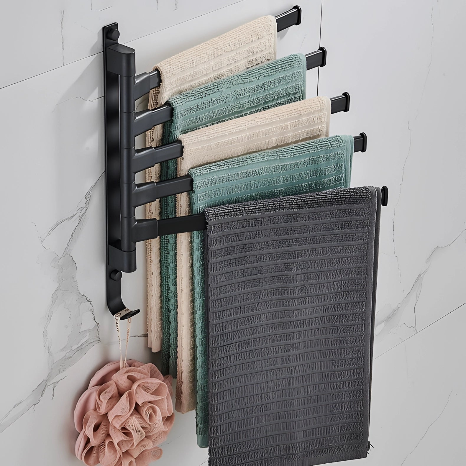 Wall Mounted Black Towel Rack 5 Swivel Arm Space Saving Holder