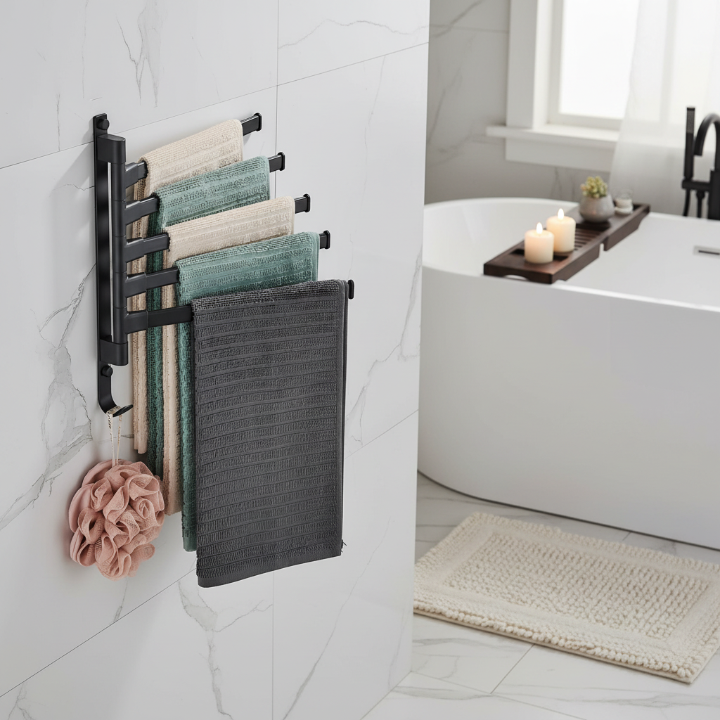 Wall Mounted Black Towel Rack 5 Swivel Arm Space Saving Holder