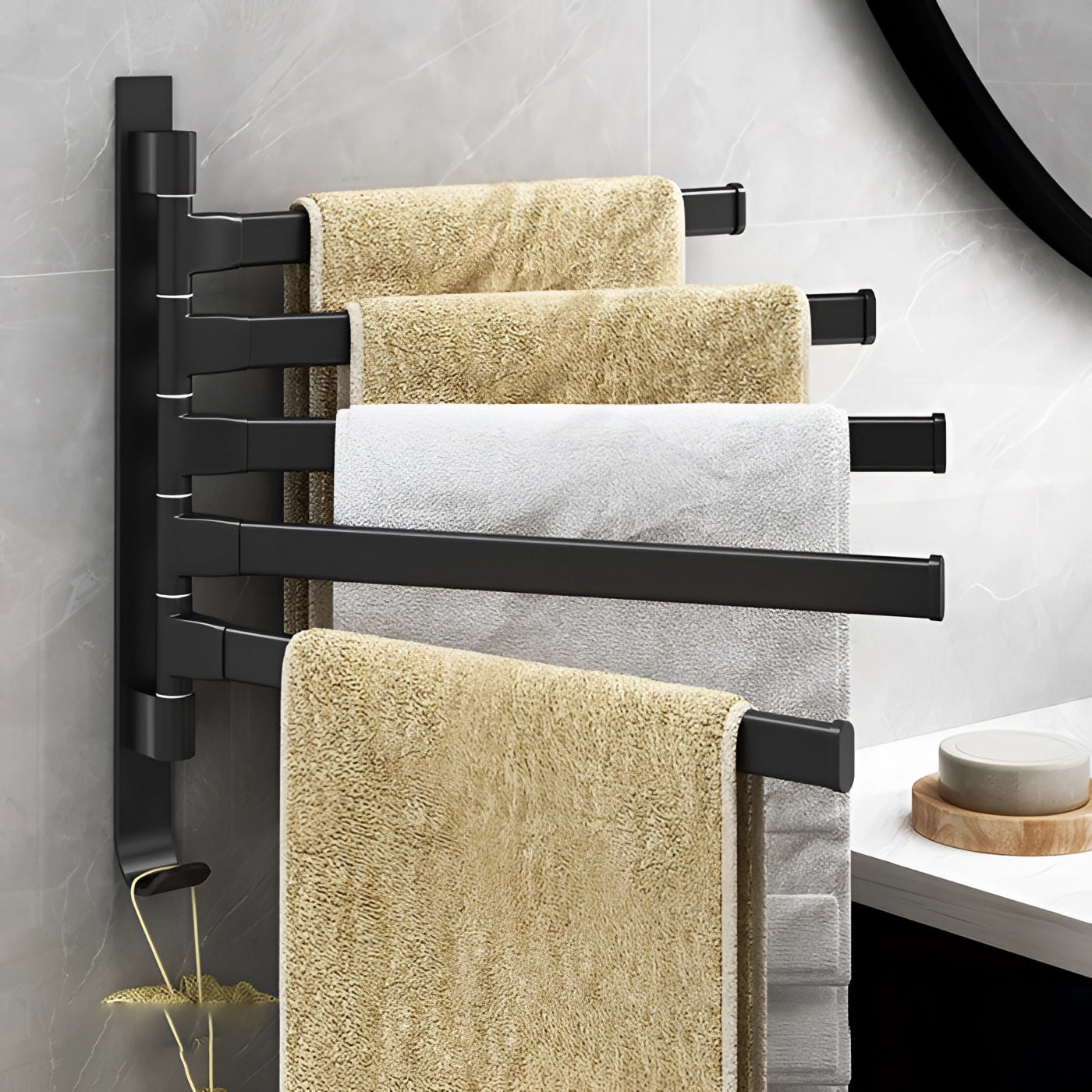 Wall Mounted Black Towel Rack 5 Swivel Arm Space Saving Holder