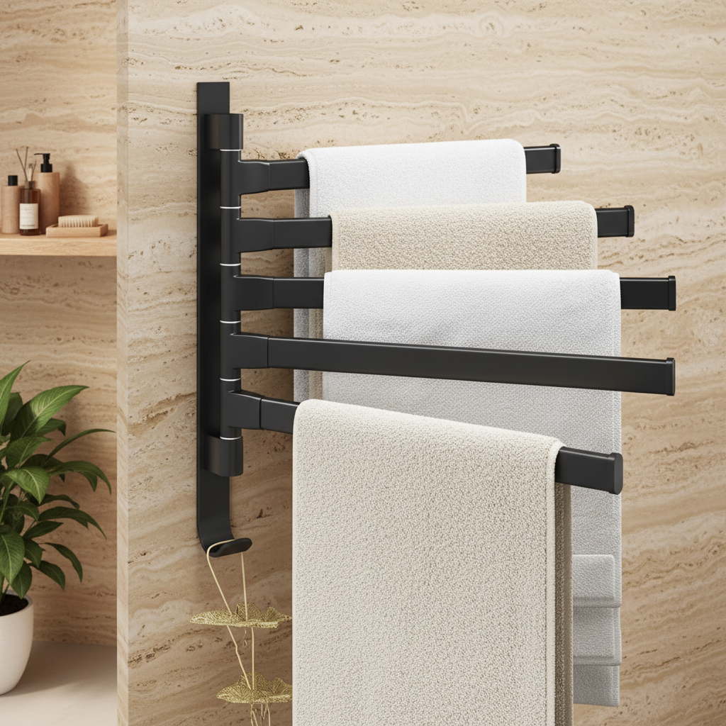 Wall Mounted Black Towel Rack 5 Swivel Arm Space Saving Holder