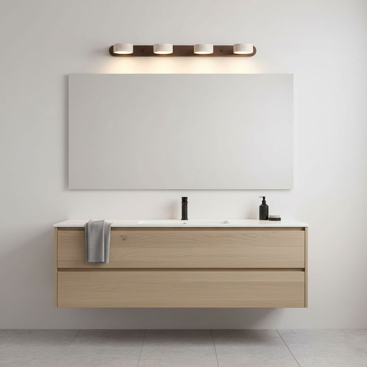 Travertine Stone Wall Sconce with Dimmable LED | Natural Wood Accent for Warm Ambient Glow