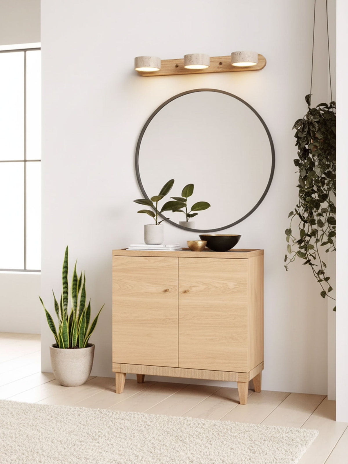 Travertine Stone Wall Sconce with Dimmable LED | Natural Wood Accent for Warm Ambient Glow