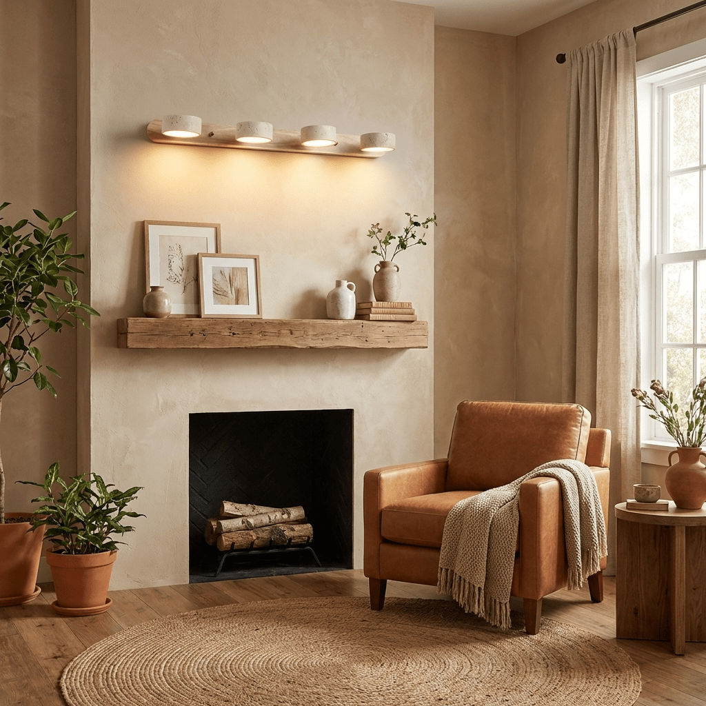 Travertine Stone Wall Sconce with Dimmable LED | Natural Wood Accent for Warm Ambient Glow