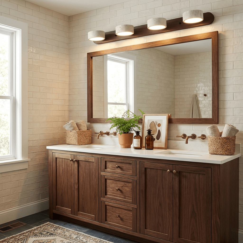 Travertine Stone Wall Sconce with Dimmable LED | Natural Wood Accent for Warm Ambient Glow