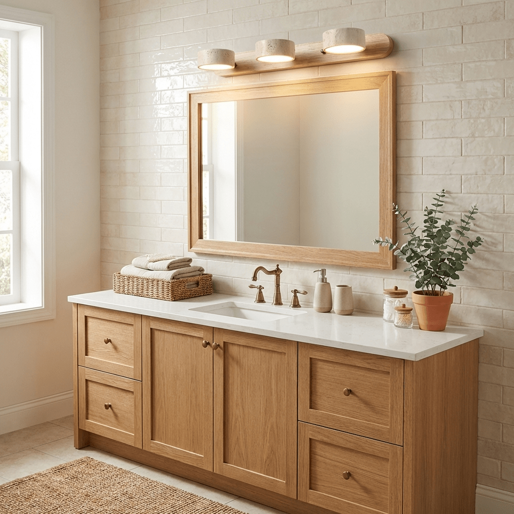 Travertine Stone Wall Sconce with Dimmable LED | Natural Wood Accent for Warm Ambient Glow