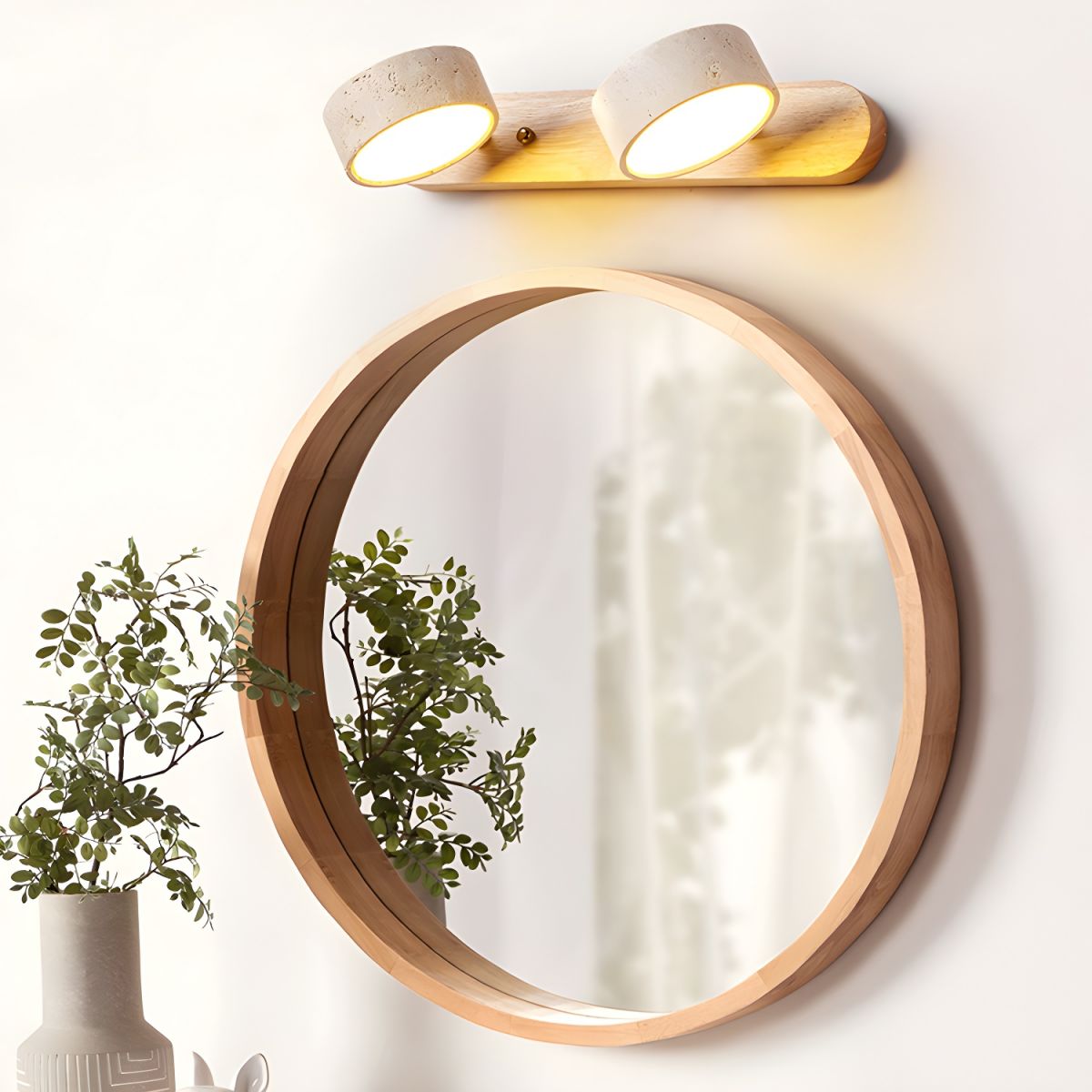 Travertine Stone Wall Sconce with Dimmable LED | Natural Wood Accent for Warm Ambient Glow