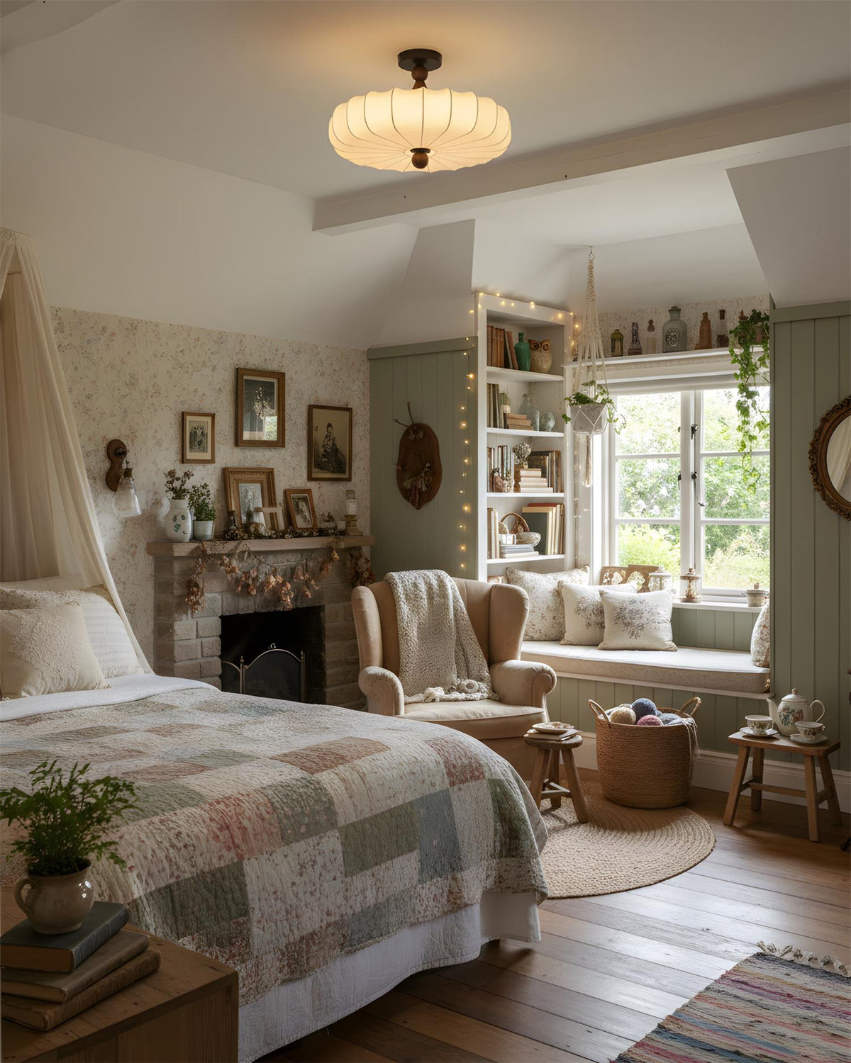 Rosa | Flush Mount LED Ceiling Light with Floral Fabric Shade, Walnut Canopy for Bedroom