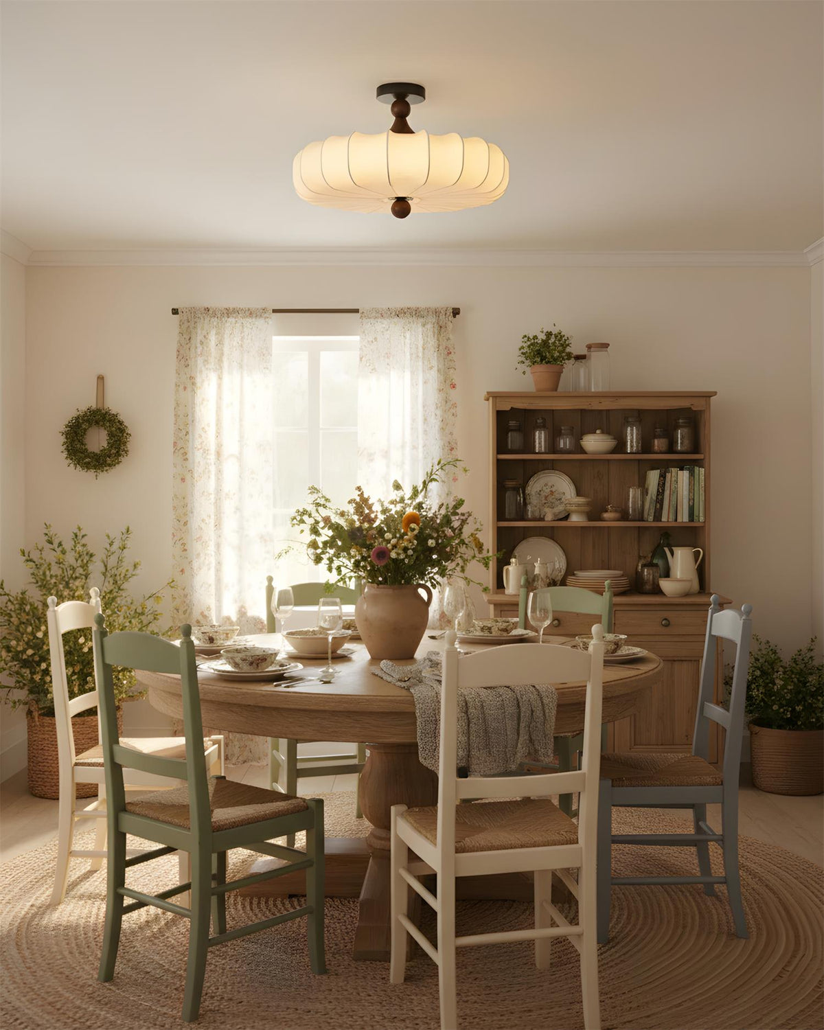 Rosa | Flush Mount LED Ceiling Light with Floral Fabric Shade, Walnut Canopy for Bedroom