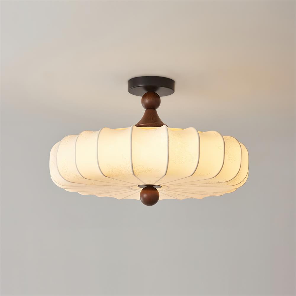 Rosa | Flush Mount LED Ceiling Light with Floral Fabric Shade, Walnut Canopy for Bedroom