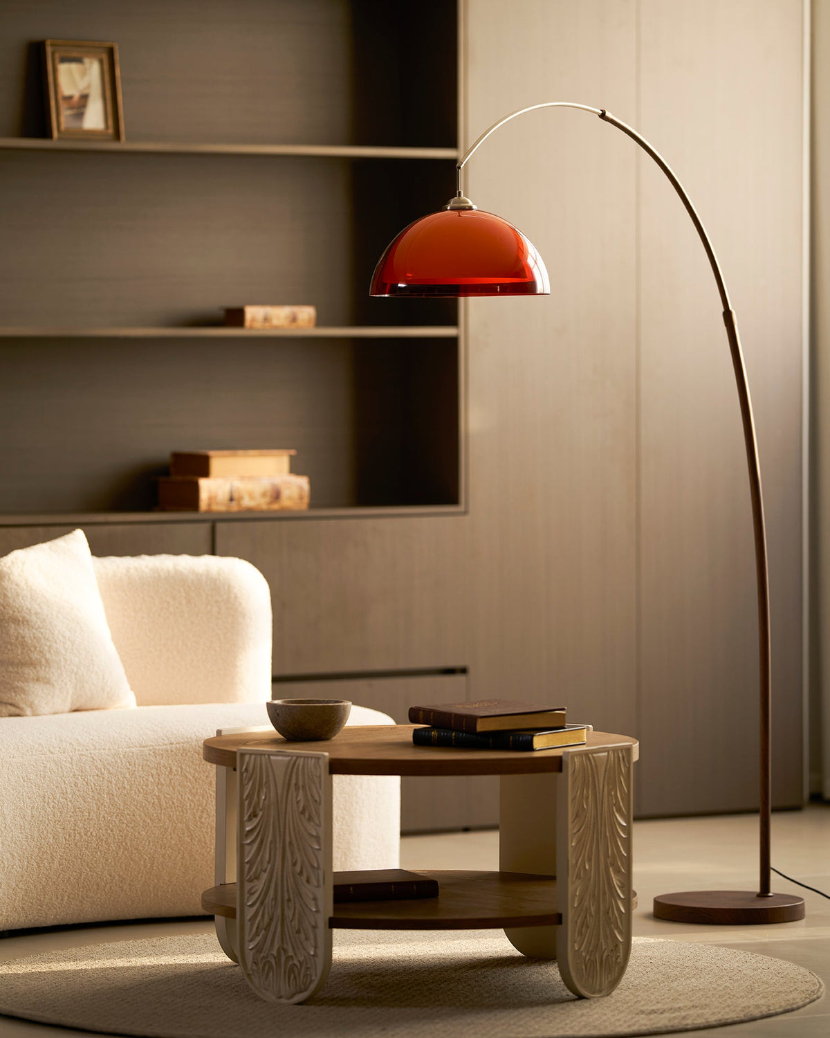 Arcova | Arc Floor Lamp with Amber Dome Shade | Adjustable Height Lamp for Reading Nooks
