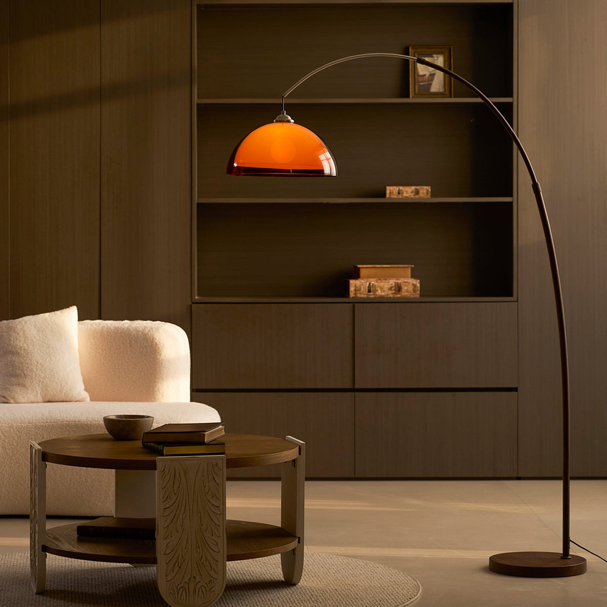 Arcova | Arc Floor Lamp with Amber Dome Shade | Adjustable Height Lamp for Reading Nooks