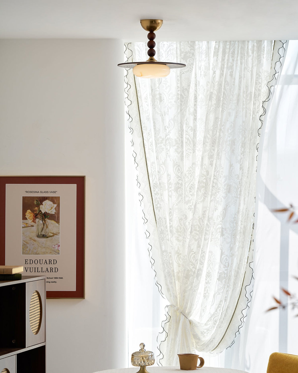 Woodlume | Walnut Flush Mount Ceiling Light with Alabaster Shade | Warm LED for Bedrooms