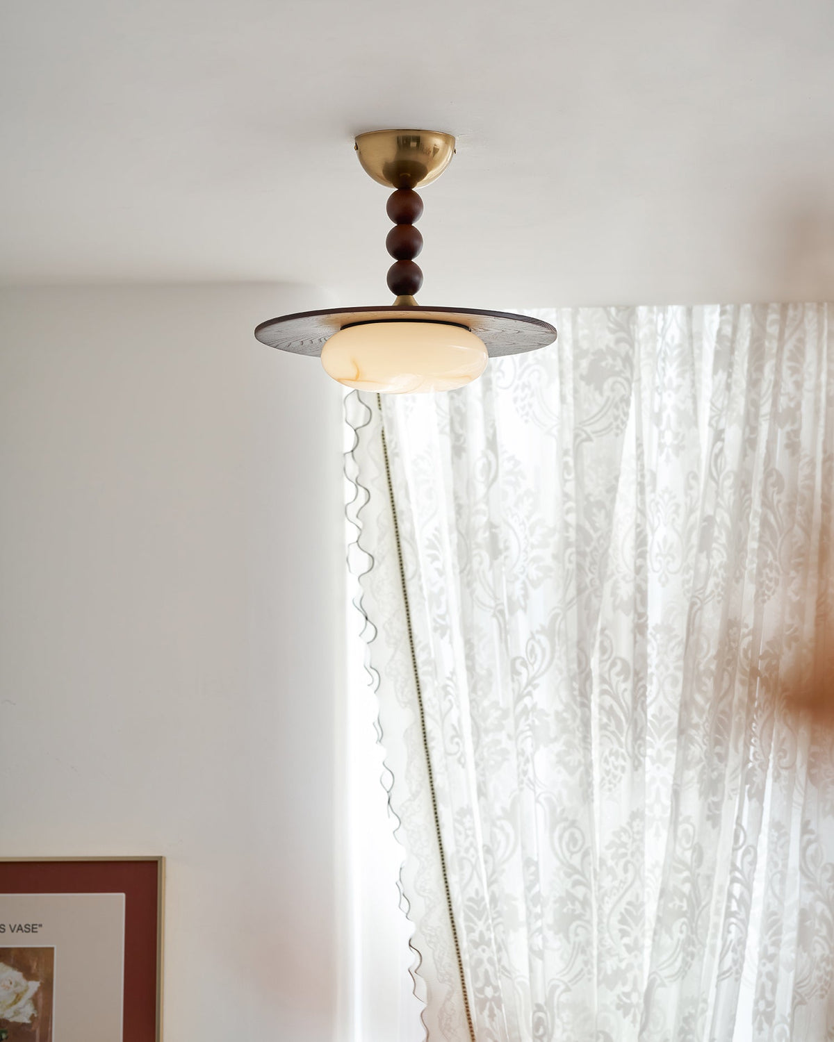 Woodlume | Walnut Flush Mount Ceiling Light with Alabaster Shade | Warm LED for Bedrooms