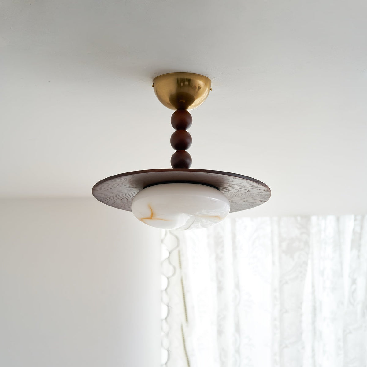 Woodlume | Walnut Flush Mount Ceiling Light with Alabaster Shade | Warm LED for Bedrooms