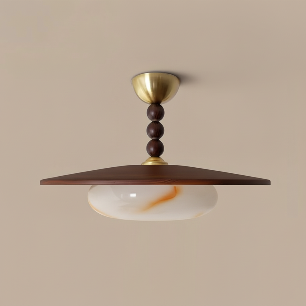 Woodlume | Walnut Flush Mount Ceiling Light with Alabaster Shade | Warm LED for Bedrooms