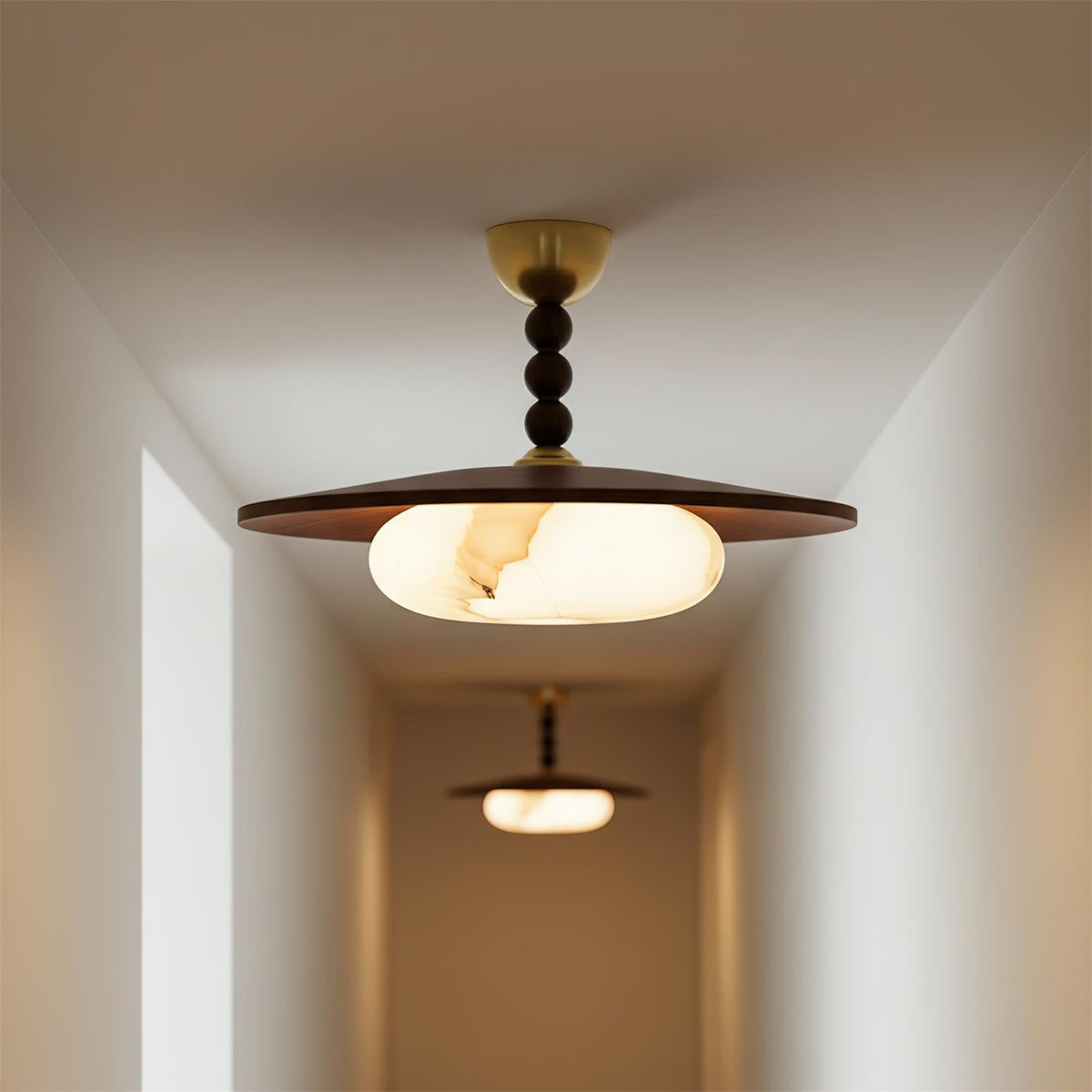 Woodlume | Walnut Flush Mount Ceiling Light with Alabaster Shade | Warm LED for Bedrooms