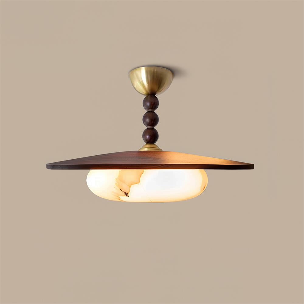 Woodlume | Walnut Flush Mount Ceiling Light with Alabaster Shade | Warm LED for Bedrooms