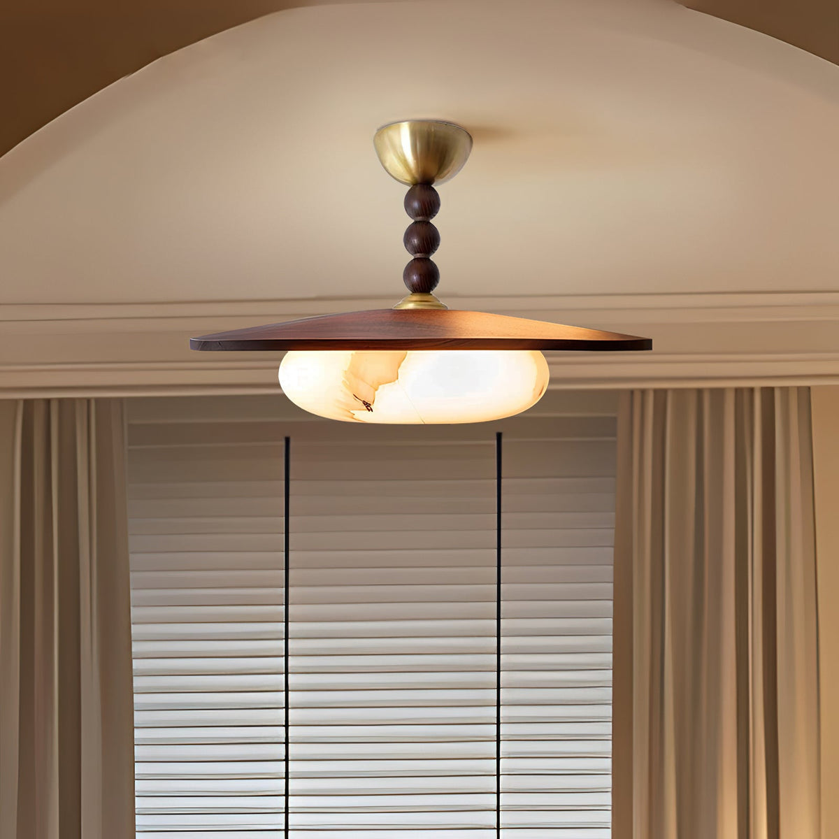 Woodlume | Walnut Flush Mount Ceiling Light with Alabaster Shade | Warm LED for Bedrooms