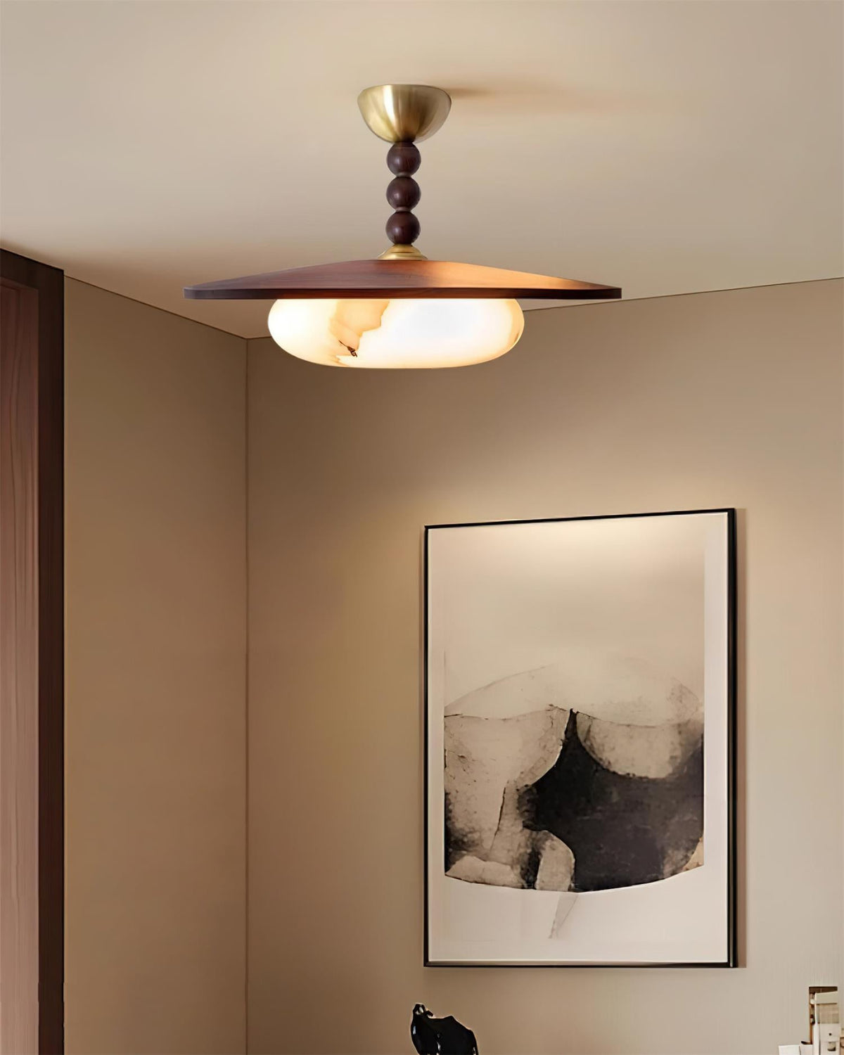 Woodlume | Walnut Flush Mount Ceiling Light with Alabaster Shade | Warm LED for Bedrooms
